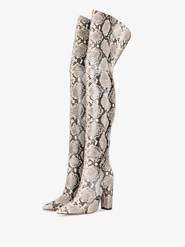 Over The Knee Boots Leather Pink Pointed Toe Snake Print Chunky Heel Thigh High Boots 4 Over The Knee Boots Leather Pink Pointed Toe Snake Print Chunky Heel Thigh High Boots - Image 4