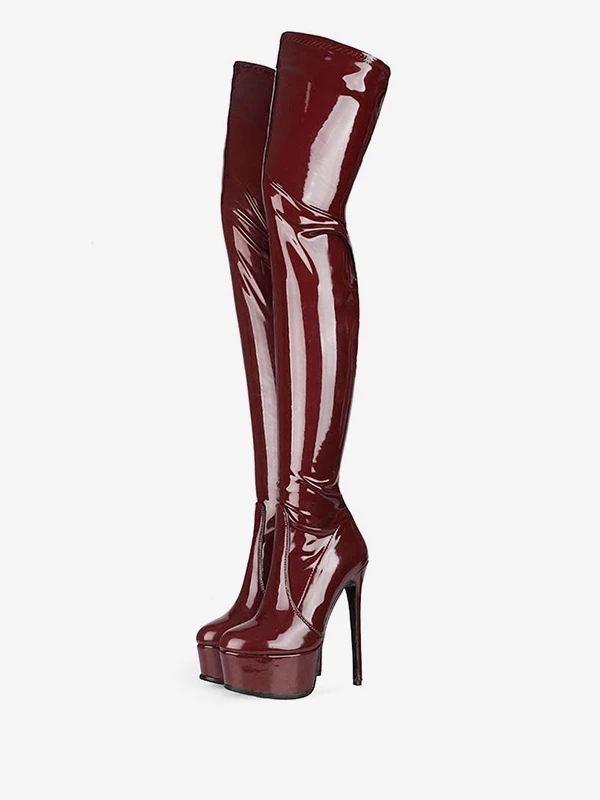 Over The Knee Boots Leather Burgundy Round Toe Stiletto Heel High Heel Thigh High Boots 1 Over The Knee Boots Leather Burgundy Round Toe Stiletto Heel High Heel Thigh High Boots