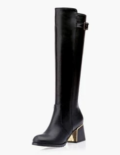 Knee High Boots Womens Leather Buckled Round Toe Block Heel Winter Boots