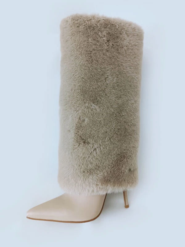 Women's White Boots Fuzzy Stiletto Heel Knee High Boots 6 Women's White Boots Fuzzy Stiletto Heel Knee High Boots - Image 6