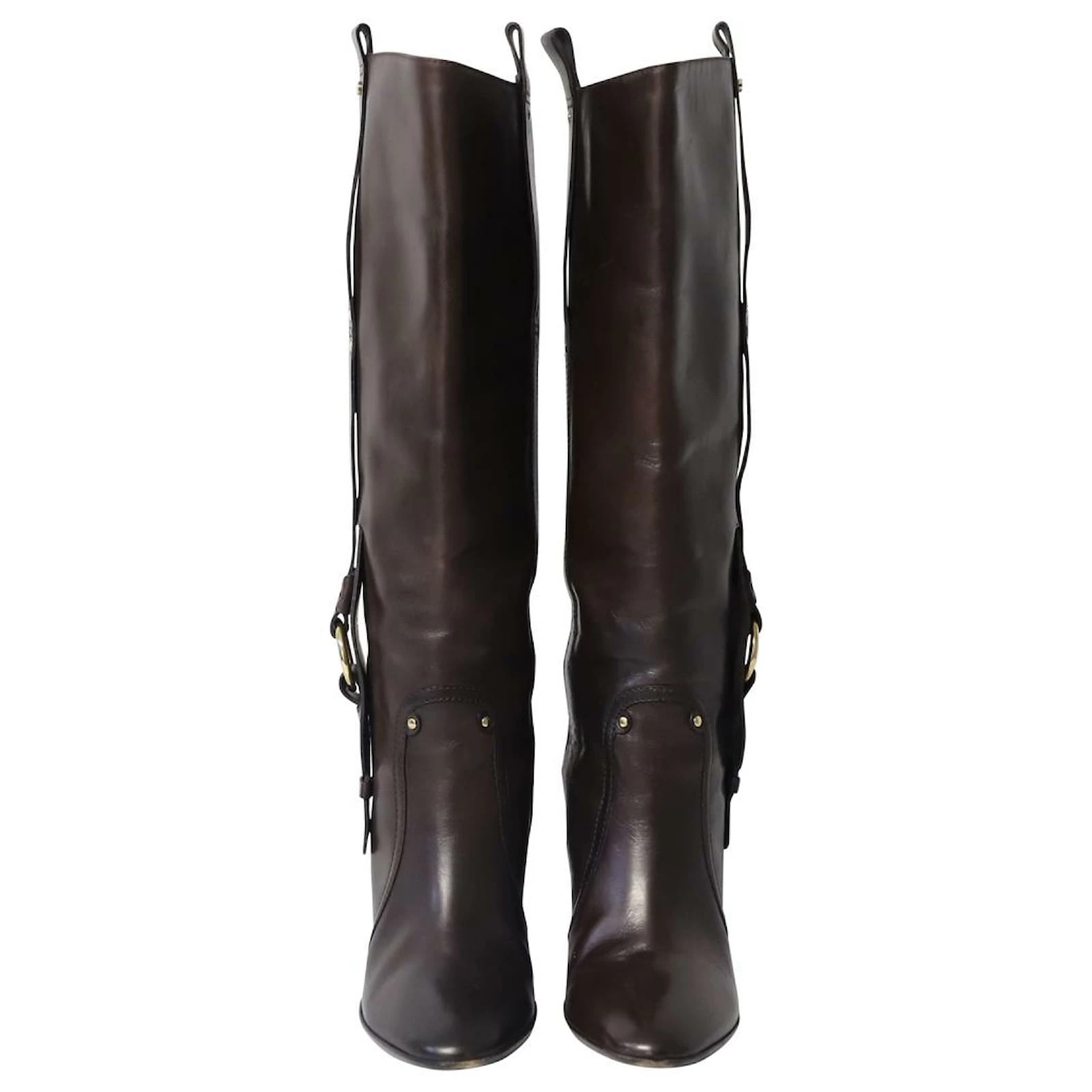 Céline Celine High Heeled Boots With Buckle In Brown Calfskin Leather 2 Céline Celine High Heeled Boots With Buckle In Brown Calfskin Leather - Image 2