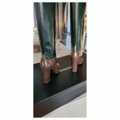 Beautiful CHANEL Boots In Two-tone Leather, New Box + Dustbag Light Brown Dark Green -winter shoes Sales 2023 647672 6