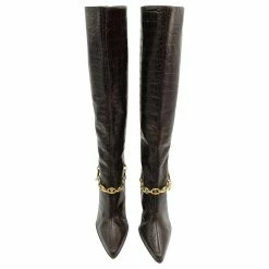 Celine Céline Brown Croc Embossed Leather Boots With Gold Chain -winter shoes Sales 2023 662144 3