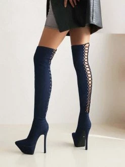 Women's Thigh High Boots Pointed Toe Platform Stiletto Heel Lace Up Elastic Boots -winter shoes Sales 2023 678a0c57 f42b 4a00 88ec e51336b3a60f