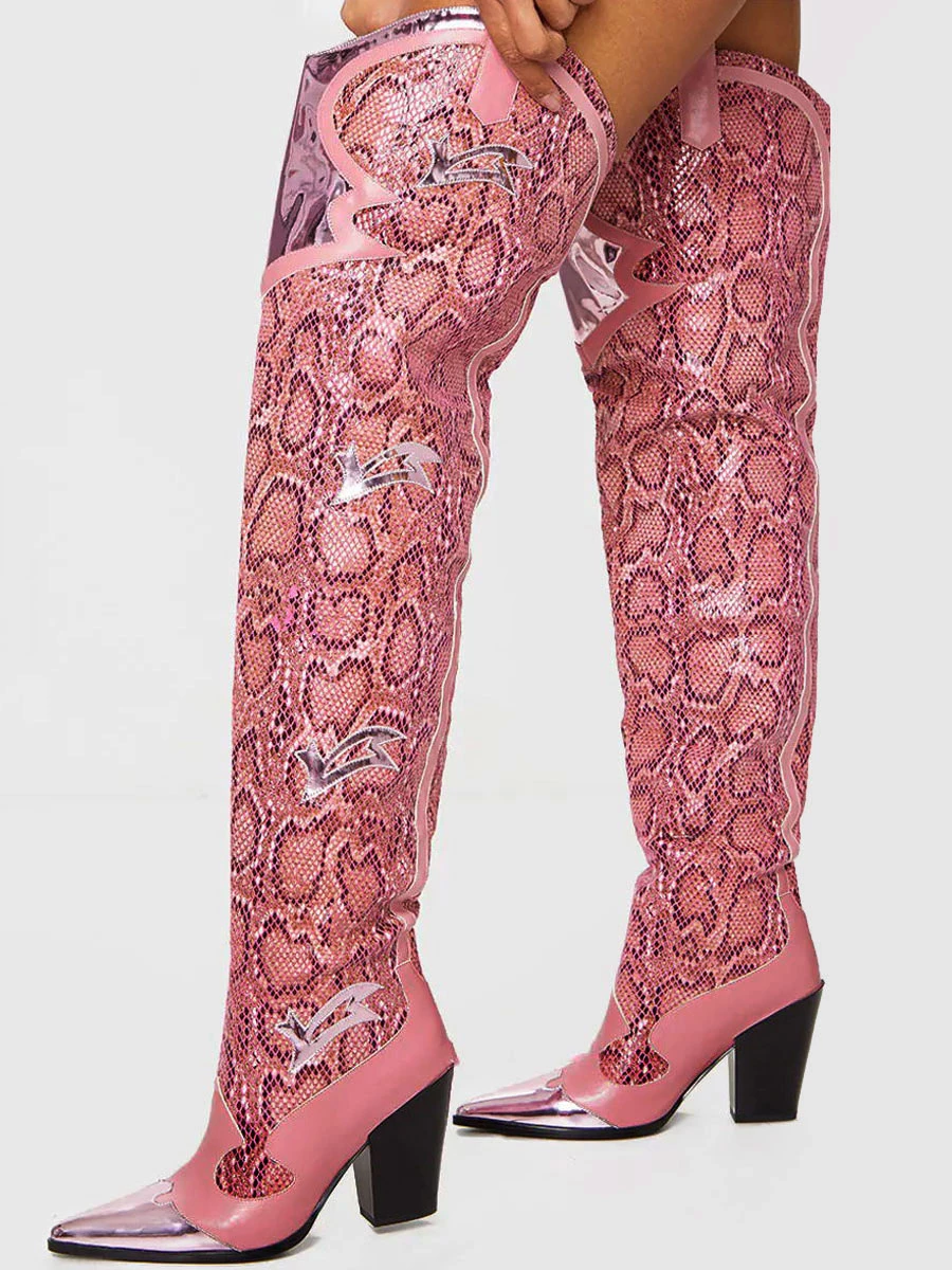 Women Western Boots Snake Pattern Pointed Toe Over The Knee Boots Leather Chunky Heel Thigh High Boots 2 Women Western Boots Snake Pattern Pointed Toe Over The Knee Boots Leather Chunky Heel Thigh High Boots - Image 2