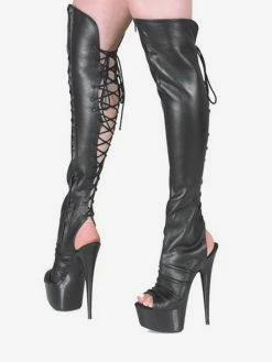 Pole Dance Shoes Black Open 5 7/10" High Heel 1 7/10" Platform Matte Lace-Up Womens Sexy Boots