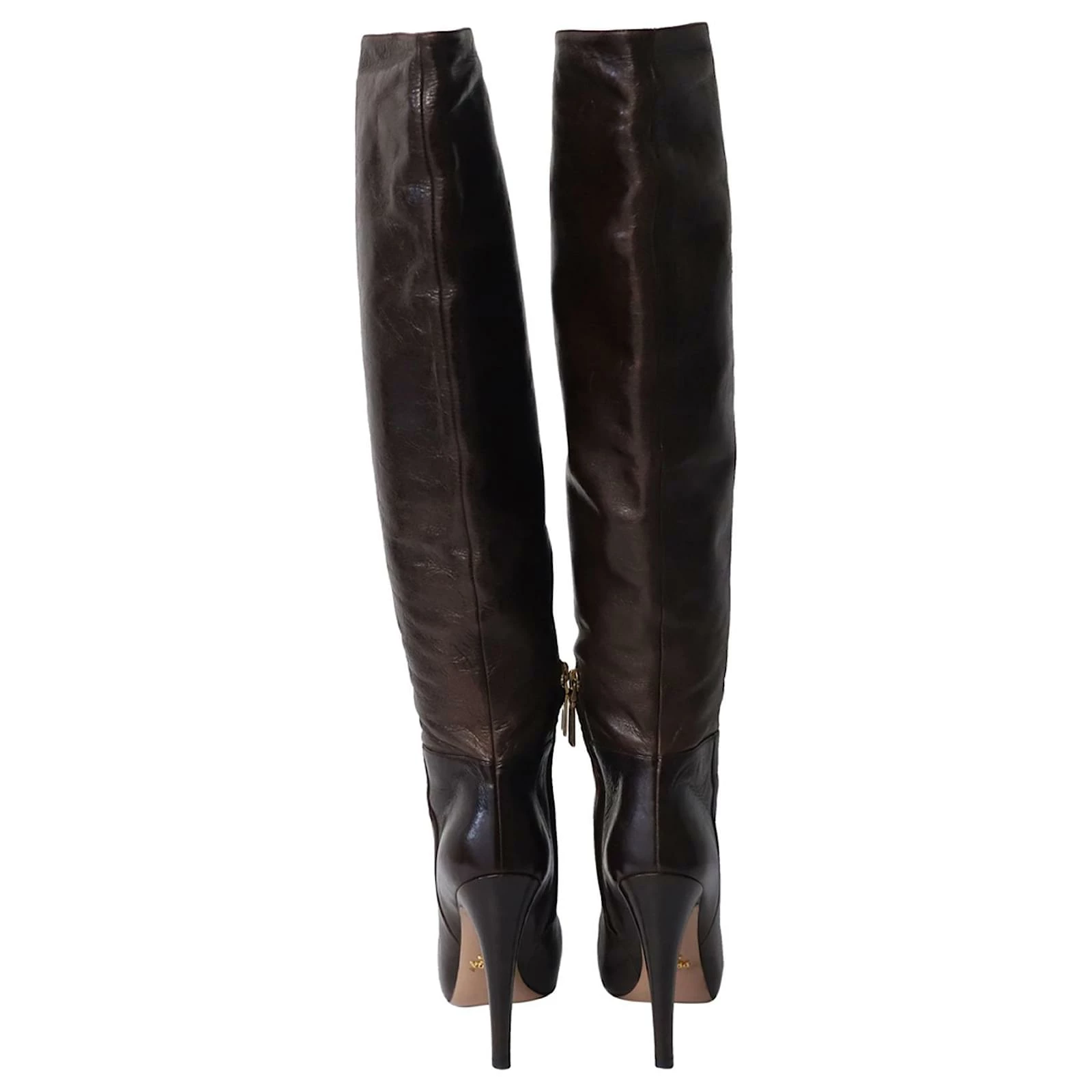 Prada Knee-High High Heel Boots In Brown Leather 3 Prada Knee-High High Heel Boots In Brown Leather - Image 3