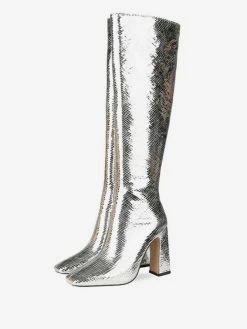 Knee-High Boots Silver Square Toe Snake Print Chunky Heel Bright Leather Women Knee Length High Heel Boots