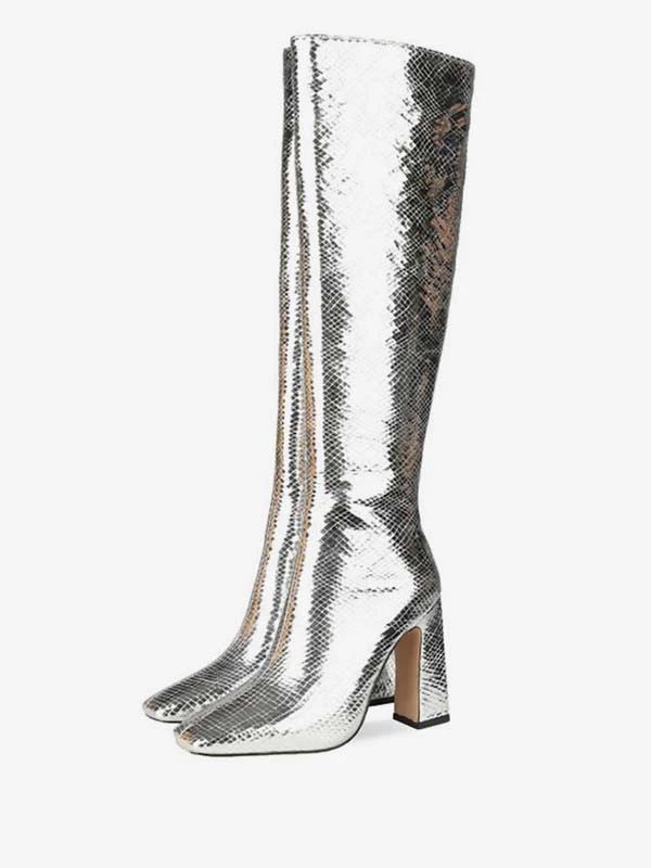 Knee-High Boots Silver Square Toe Snake Print Chunky Heel Bright Leather Women Knee Length High Heel Boots 1 Knee-High Boots Silver Square Toe Snake Print Chunky Heel Bright Leather Women Knee Length High Heel Boots