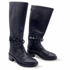 Chanel Black Leather 2016 Lace-Up Cutout CC Knee High Boots Size 38 -winter shoes Sales 2023 763908 3