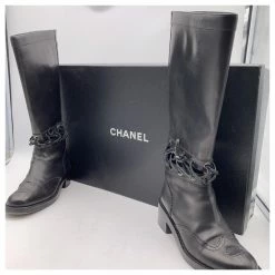 Chanel Black Leather 2016 Lace-Up Cutout CC Knee High Boots Size 38 -winter shoes Sales 2023 763908 6