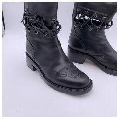 Chanel Black Leather 2016 Lace-Up Cutout CC Knee High Boots Size 38 -winter shoes Sales 2023 763908 7