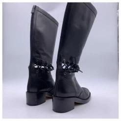 Chanel Black Leather 2016 Lace-Up Cutout CC Knee High Boots Size 38 -winter shoes Sales 2023 763908 9