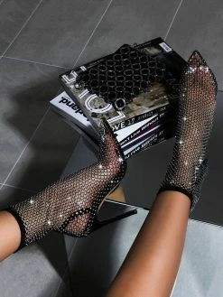 Women's Clear Boots Pointed Toe High Heel Studded Transparent Booties Sexy Fishnet Sock Boots