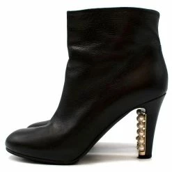 Chanel Black Leather Pearl Heel Ankle Boots -winter shoes Sales 2023 785767 4