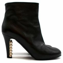 Chanel Black Leather Pearl Heel Ankle Boots -winter shoes Sales 2023 785767 5