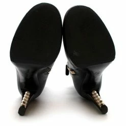 Chanel Black Leather Pearl Heel Ankle Boots -winter shoes Sales 2023 785767 6