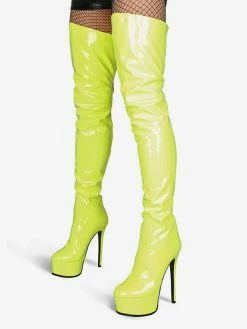 Over The Knee Boots Leather Platform Round Toe Bright Leather Zip Up High Heel Thigh High Boots