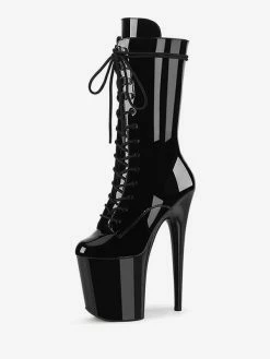 Pole Dance Shoes Women's Sexy Lace Up Sky High Exotic Heel Mid Calf Boots In Black Patent Leather