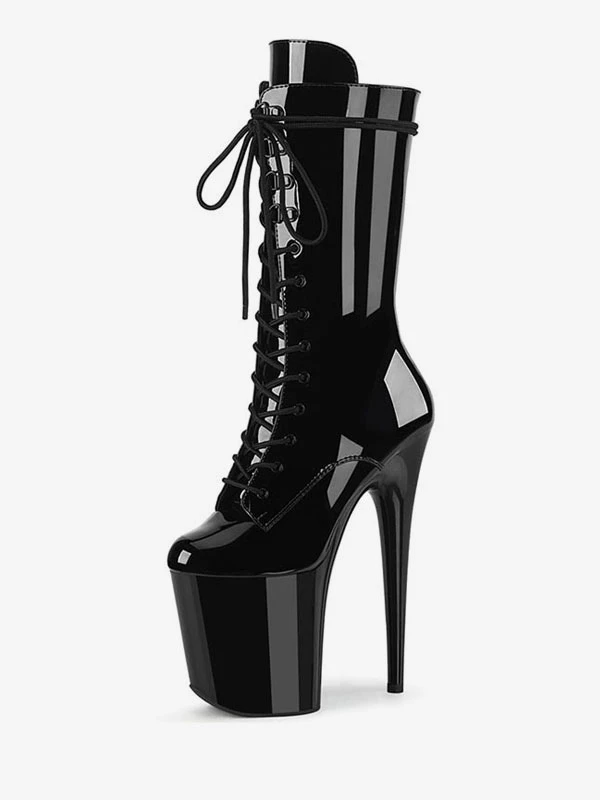 Pole Dance Shoes Women's Sexy Lace Up Sky High Exotic Heel Mid Calf Boots In Black Patent Leather 1 Pole Dance Shoes Women's Sexy Lace Up Sky High Exotic Heel Mid Calf Boots In Black Patent Leather
