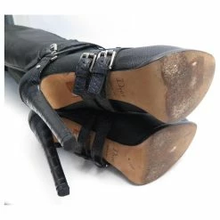 CHRISTIAN DIOR Thigh High Boots 38.5 BLACK LEATHER LACE-UP BOOTS -winter shoes Sales 2023 843337 3