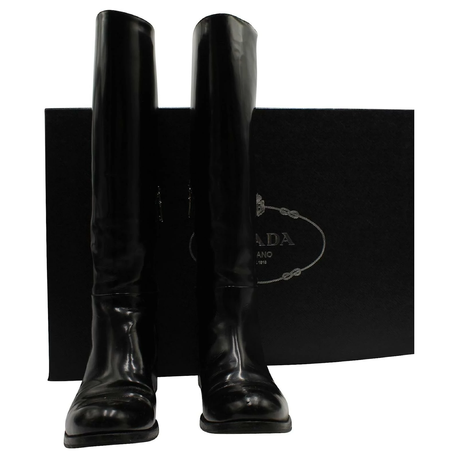 Prada Knee High Leather Boots Black 7 Prada Knee High Leather Boots Black - Image 7