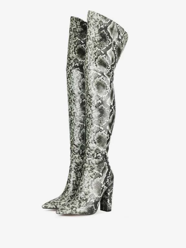 Over The Knee Boots Leather Pink Pointed Toe Snake Print Chunky Heel Thigh High Boots 3 Over The Knee Boots Leather Pink Pointed Toe Snake Print Chunky Heel Thigh High Boots - Image 3