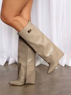 Women Wide Calf Boots Nude Wide Heel Mental Details Straight Shaft Knee HIgh Boots -winter shoes Sales 2023 85db9543 b21d 48be b3bf 79bc56de349f