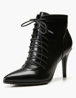 Black Ankle Boots Women Pointed Toe Lace Up High Heel Booties