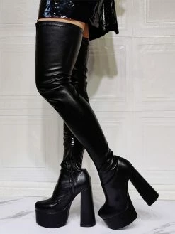 Women Over The Knee Boots Platform Plus Size Chunky Heel PU Leather Black Thigh High Boots