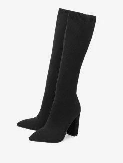 Women's Elastic Boots Black Chunky Heel Knee High Boots