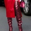 Thigh High Boots Womens Patent Leather Burgundy Pointed Toe Bright Leather Stiletto Heel Over The Knee Boots