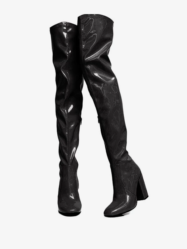 Womens Thigh High Boots Red Round Toe Bright Leather Chunky Heel Women's Boots 9 Womens Thigh High Boots Red Round Toe Bright Leather Chunky Heel Women's Boots - Image 9