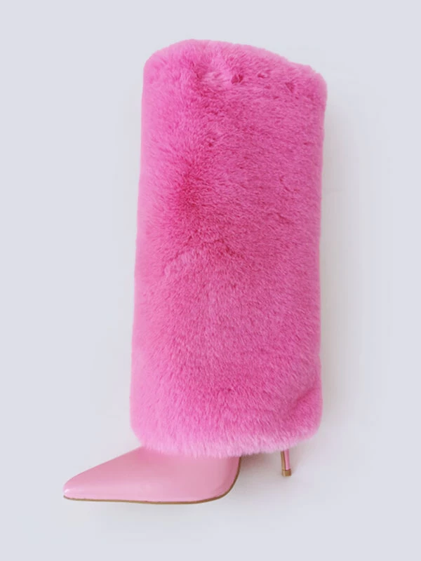 Women's White Boots Fuzzy Stiletto Heel Knee High Boots 5 Women's White Boots Fuzzy Stiletto Heel Knee High Boots - Image 5