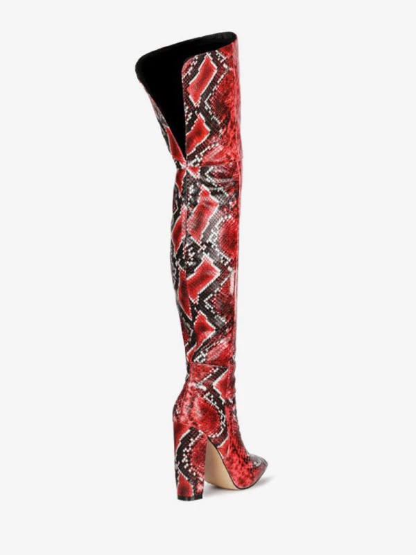 Over The Knee Boots Leather Pink Pointed Toe Snake Print Chunky Heel Thigh High Boots 5 Over The Knee Boots Leather Pink Pointed Toe Snake Print Chunky Heel Thigh High Boots - Image 5