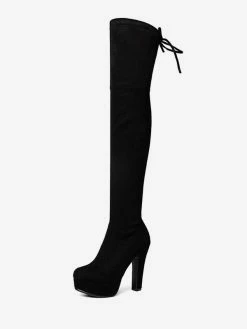 Platform Thigh High Boots Womens Micro Suede Almond Toe Chunky Heel Over The Knee Boots