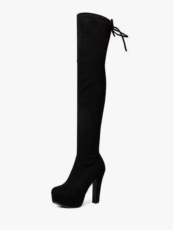 Platform Thigh High Boots Womens Micro Suede Almond Toe Chunky Heel Over The Knee Boots 1 Platform Thigh High Boots Womens Micro Suede Almond Toe Chunky Heel Over The Knee Boots