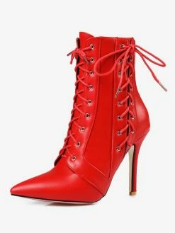 High Heel Booties Red Ankle Boots Pointed Toe Bright Leather Lace Up Booties For Women