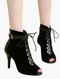 Black Ankle Boots High Heel Booties Peep Toe Lace Up Detail Sandal Booties