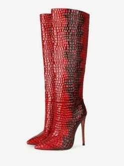 Knee-High Boots Leather Red Pointed Toe Stiletto Heel Extra Wide Women's Boots