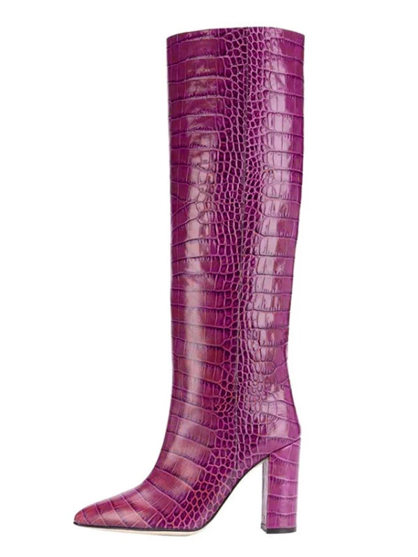 Women's Croc Print Chunky Heel Knee High Boots 9 Women's Croc Print Chunky Heel Knee High Boots - Image 9