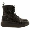Alexander Mcqueen Chunky Sole Croc-Effect Ankle Boots In Black Patent Leather