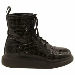 Alexander Mcqueen Chunky Sole Croc-Effect Ankle Boots In Black Patent Leather