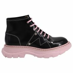 Alexander Mcqueen Tread Lace Up Boots In Pink/Black Calfskin Leather