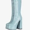 Women's Platform Chunky Heel Mid Calf Boots Patent Bright Leather High Heel Boots