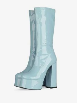 Women's Platform Chunky Heel Mid Calf Boots Patent Bright Leather High Heel Boots