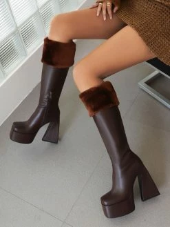 Women's Knee High Boots White Platform Square Toe PU Leather Chunky Heel Knee Boots -winter shoes Sales 2023 b46c1586 25ca 4285 bb6a 9d48b1206c54