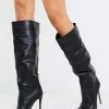 Women Stiletto Heel Pointed Toe Knee-High Boots In Black Bright Leather