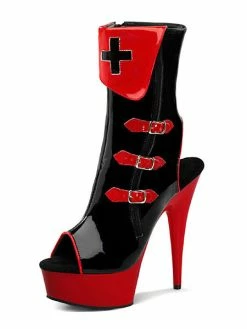 Black Sexy Boots Women Peep Toe Buckle Detail Slingbacks High Heel Booties Nurse Cosplay Booties