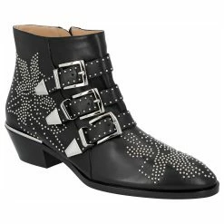 Chloé Women Susanna Short Boots In Black Leather With Silver Studs Beige